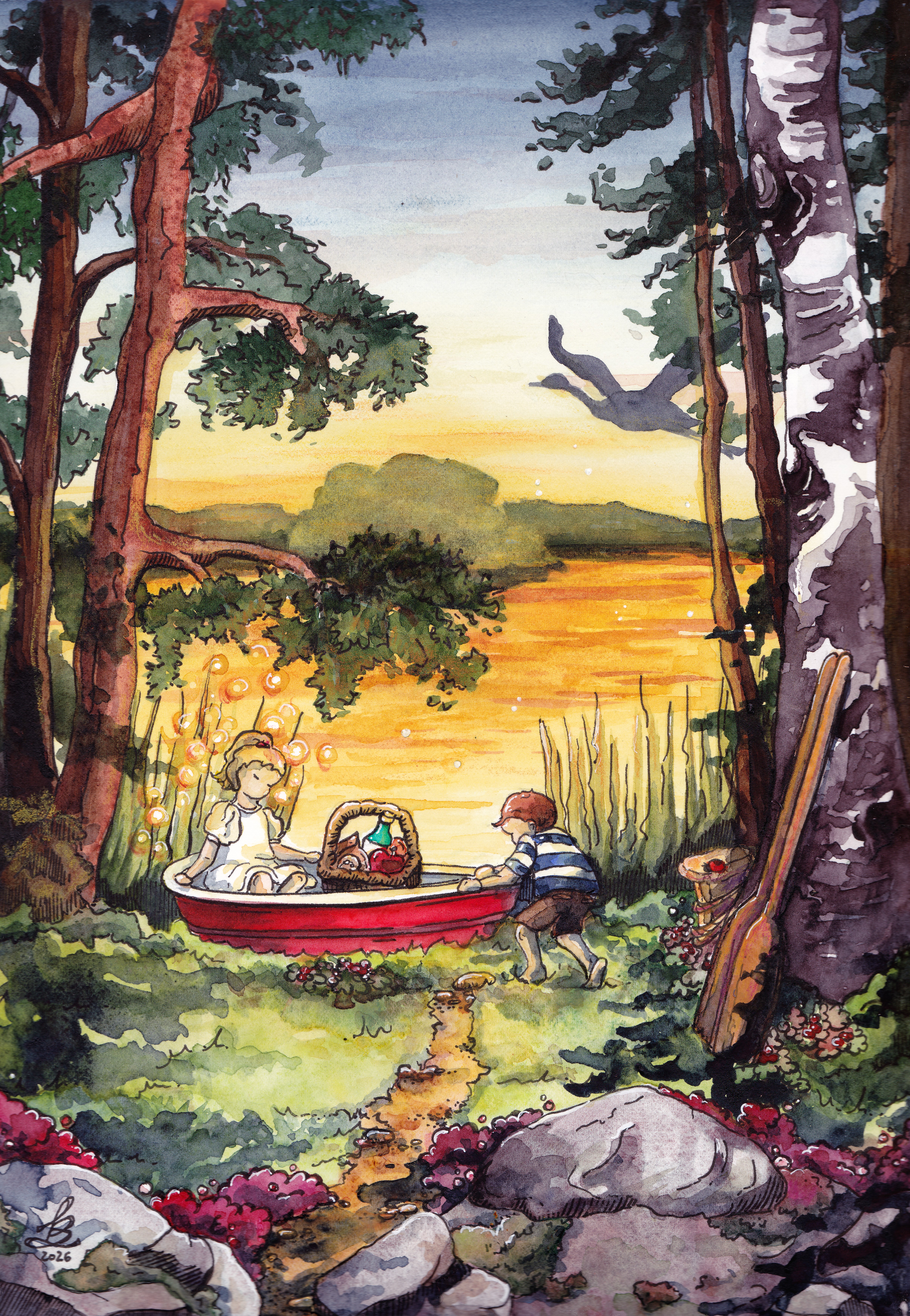 Abend am See in Schweden – Tinte und Aquarell von Sketchory.Berlin, 2026