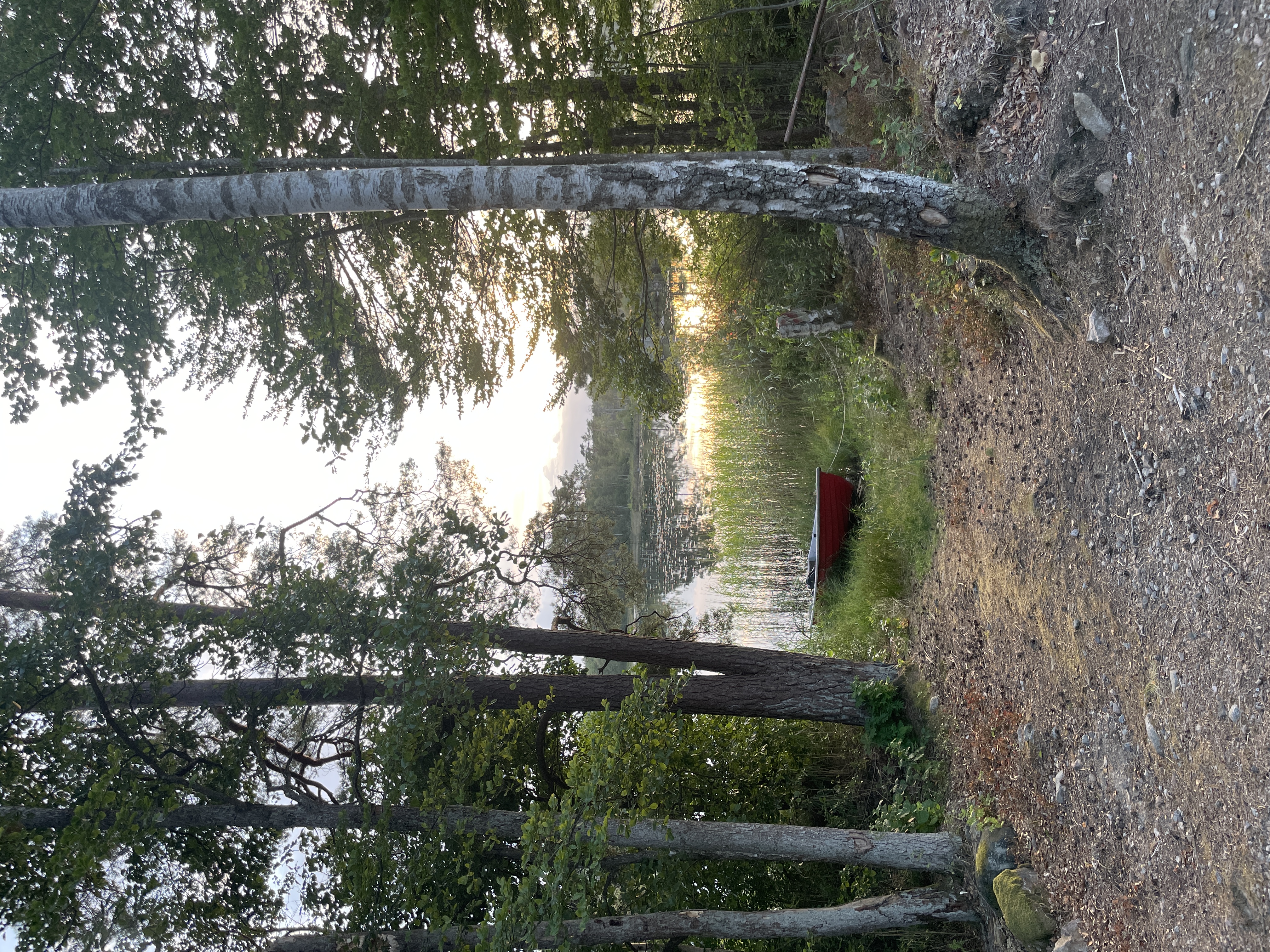 Ursprüngliches Foto vom See in Schweden mit rotem Boot im Abendlicht
