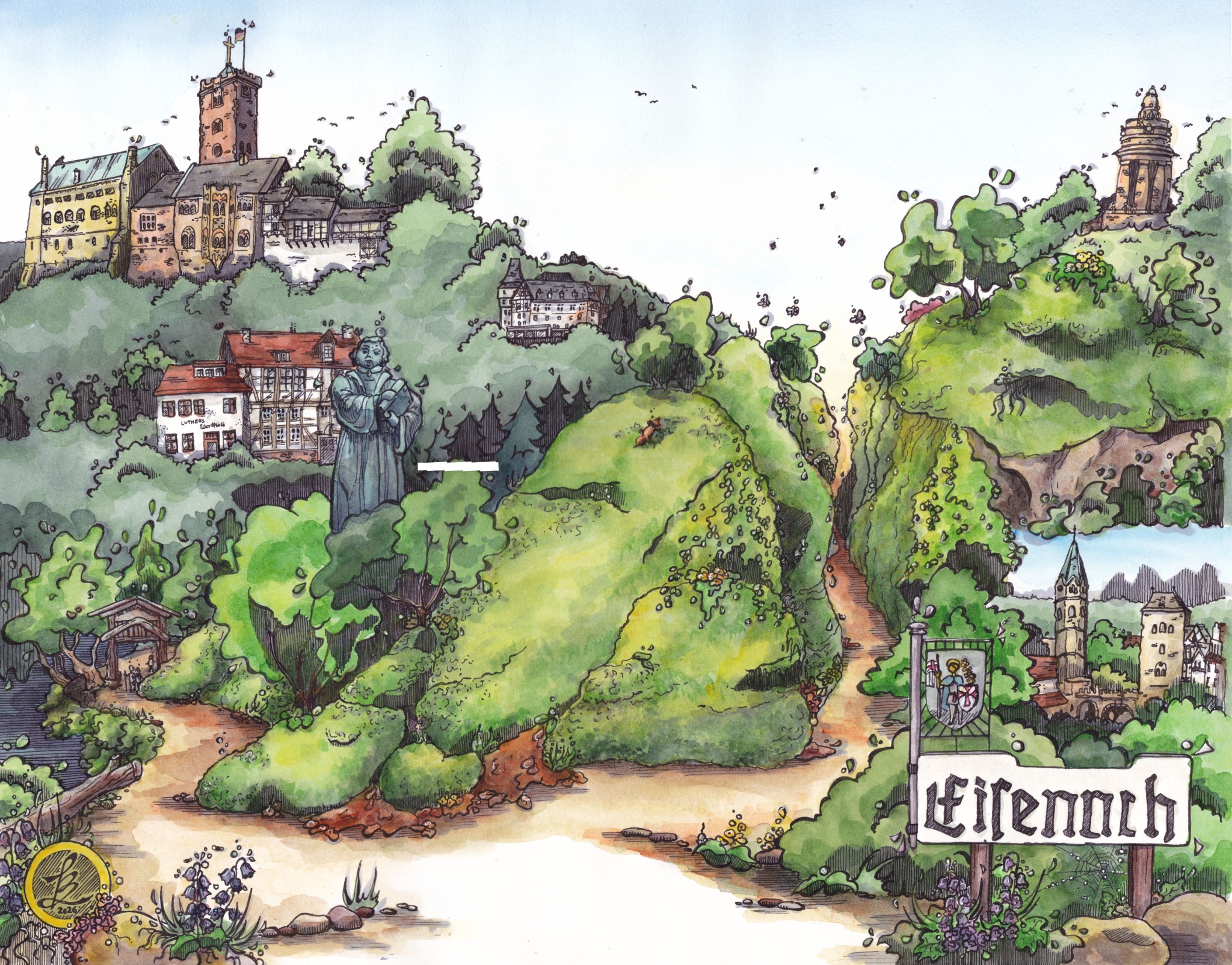 Eisenach – Wartburg, Lutherdenkmal, Lutherhaus und weitere Motive der Stadt, Tinte und Aquarell von Sketchory.Berlin, 2026