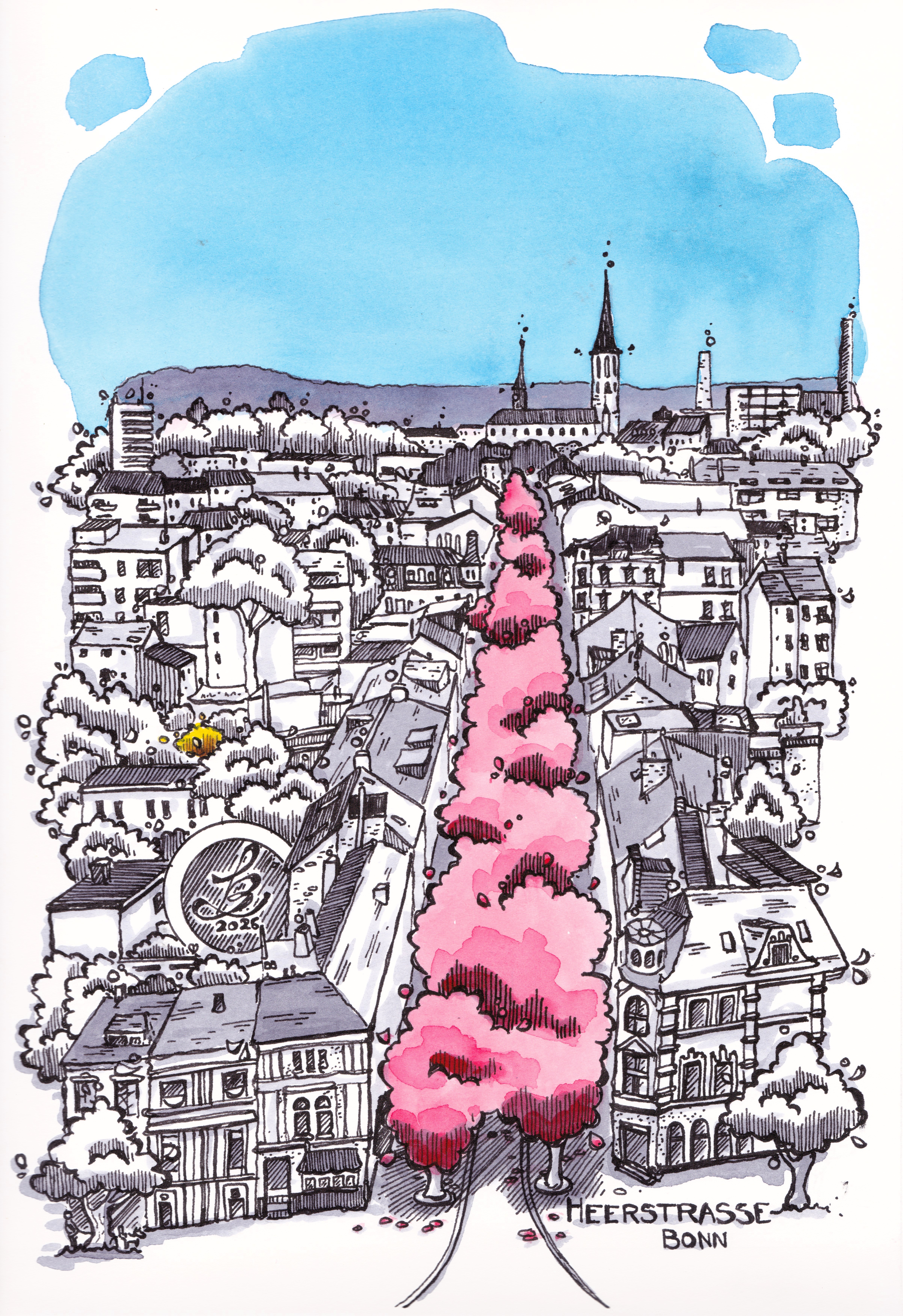 Hanami Bonn · Kirschblüte – Heerstraße in Bonn, Tinte und Aquarell von Sketchory.Berlin, 2026