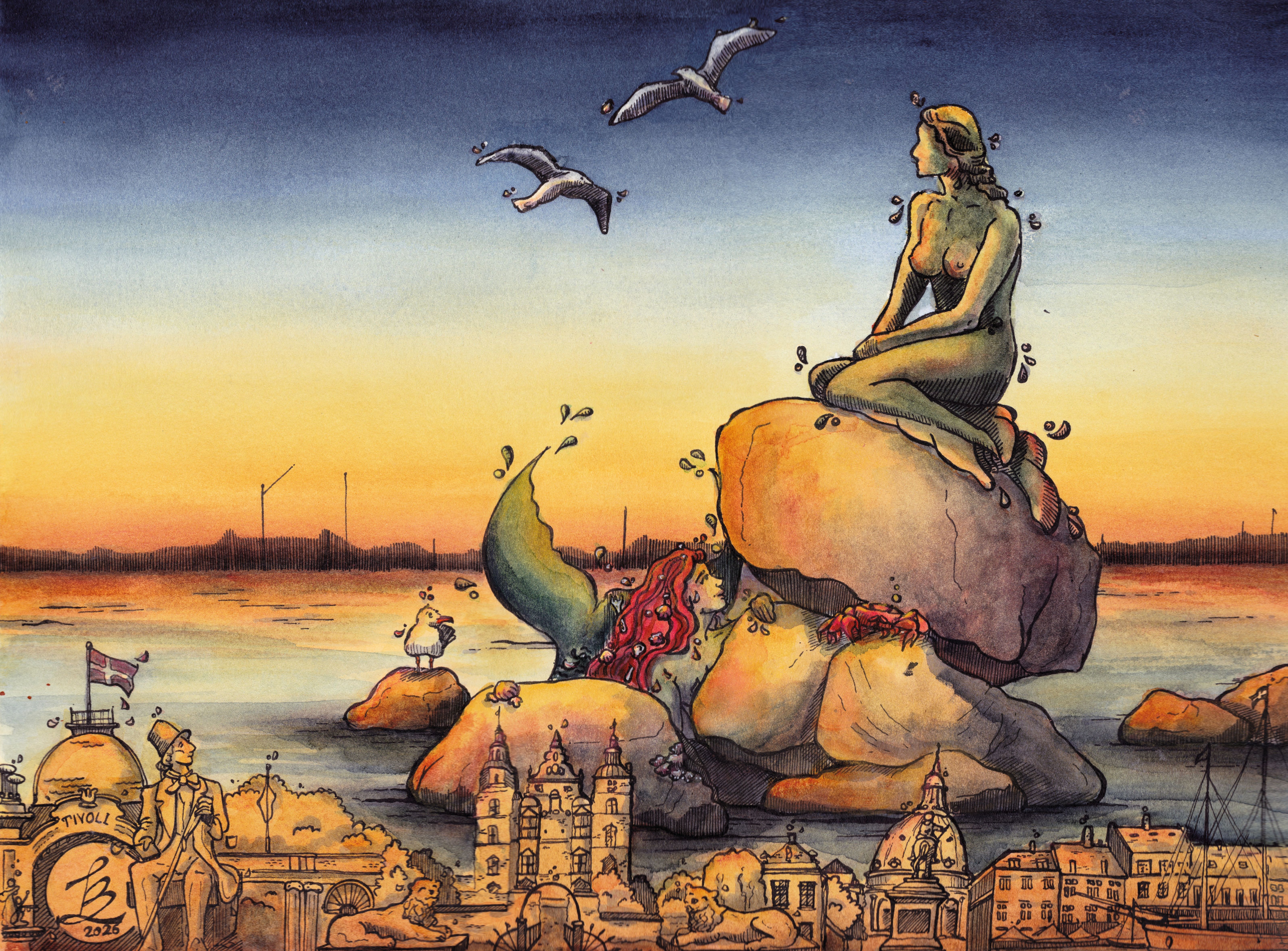 Kopenhagen – Die kleine Meerjungfrau, Hans Christian Andersen, Tivoli, Nyhavn und Schloss Rosenborg, Tinte und Aquarell von Sketchory.Berlin, 2026