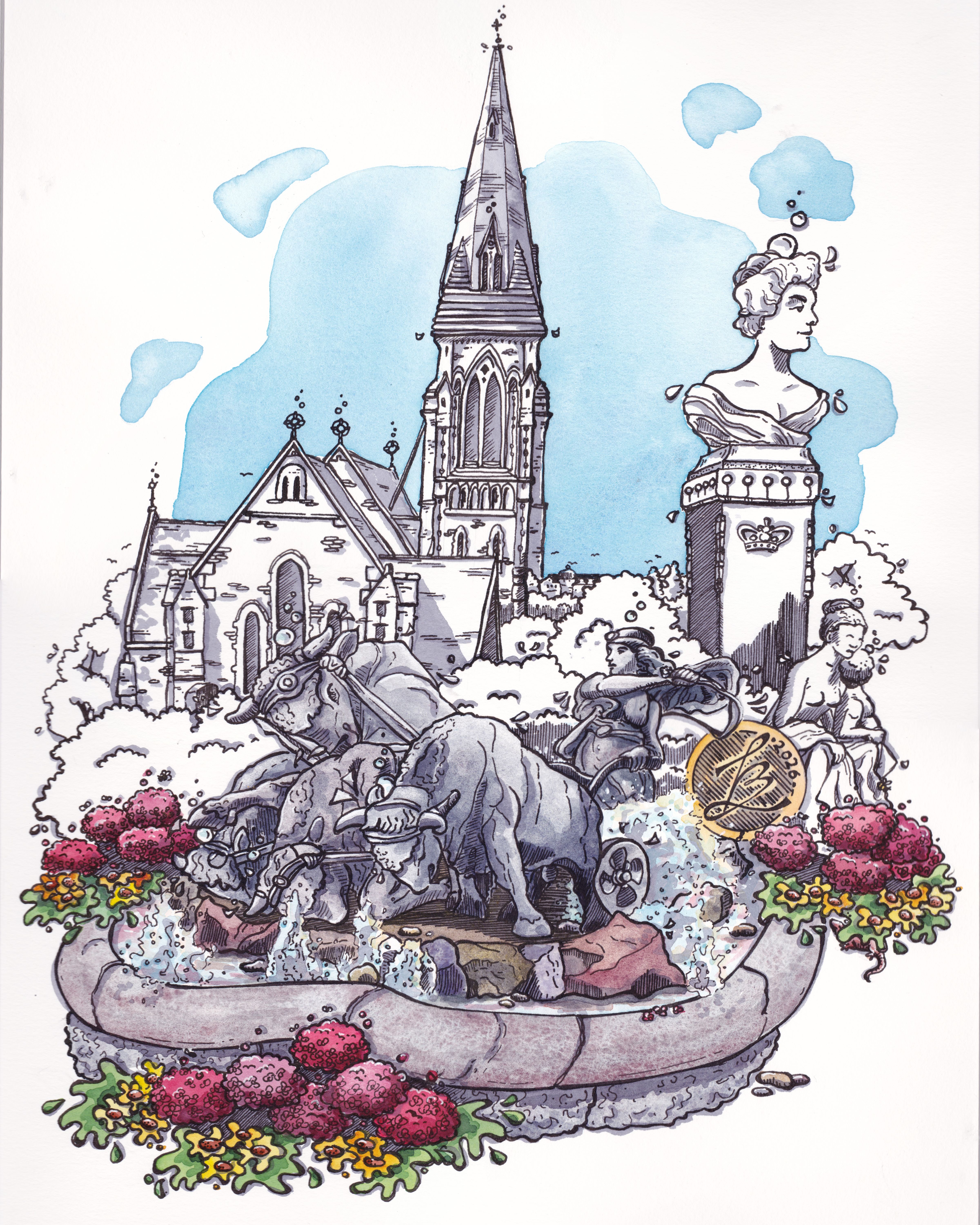 Kopenhagen – Gefion-Brunnen, Tinte und Aquarell von Sketchory.Berlin, 2026