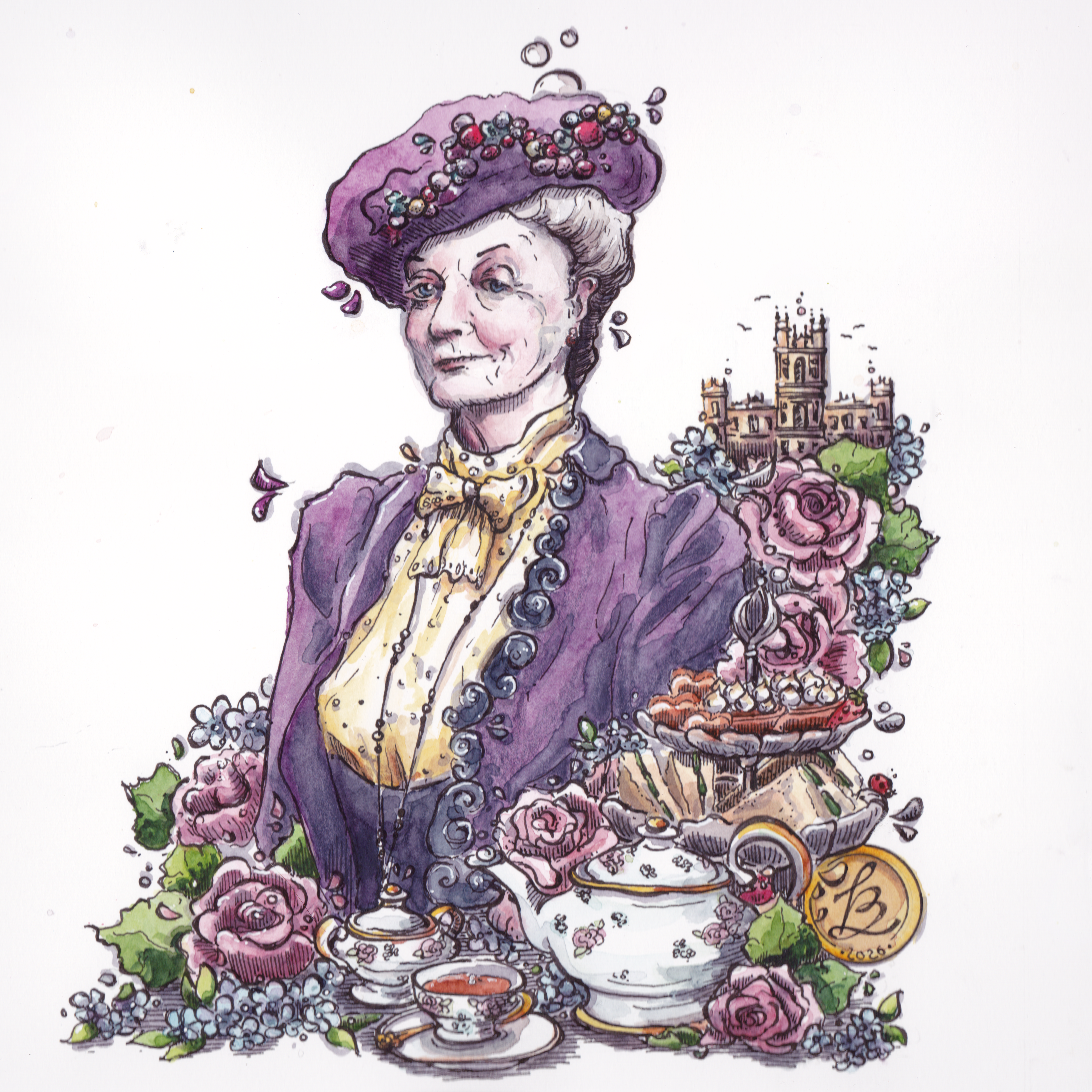 Maggie Smith als Countess Dowager Violet Crawley in Downton Abbey, Tinte und Aquarell von Sketchory.Berlin, 2026