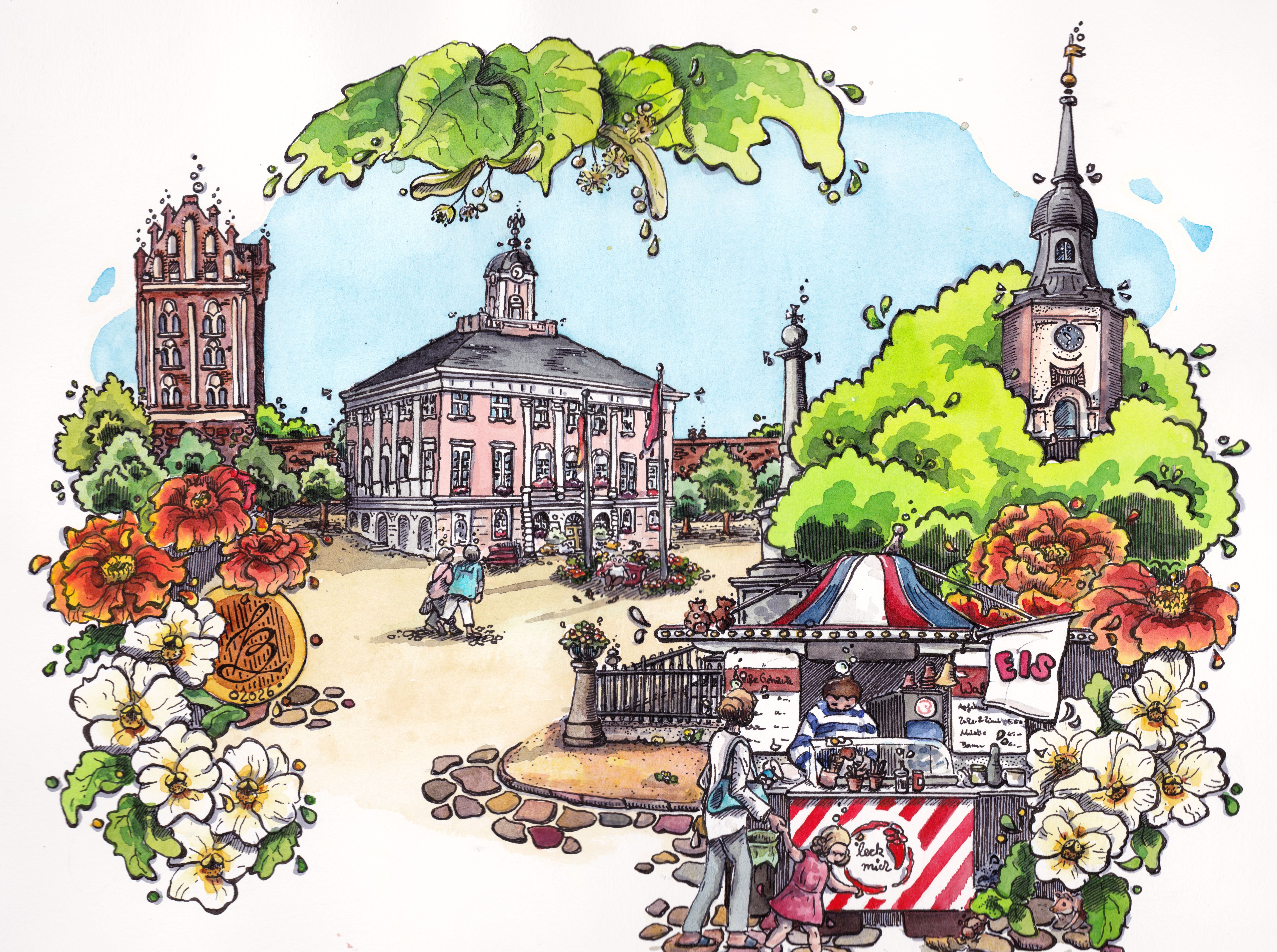 Marktplatz Templin – Tinte und Aquarell von Sketchory.Berlin, 2026