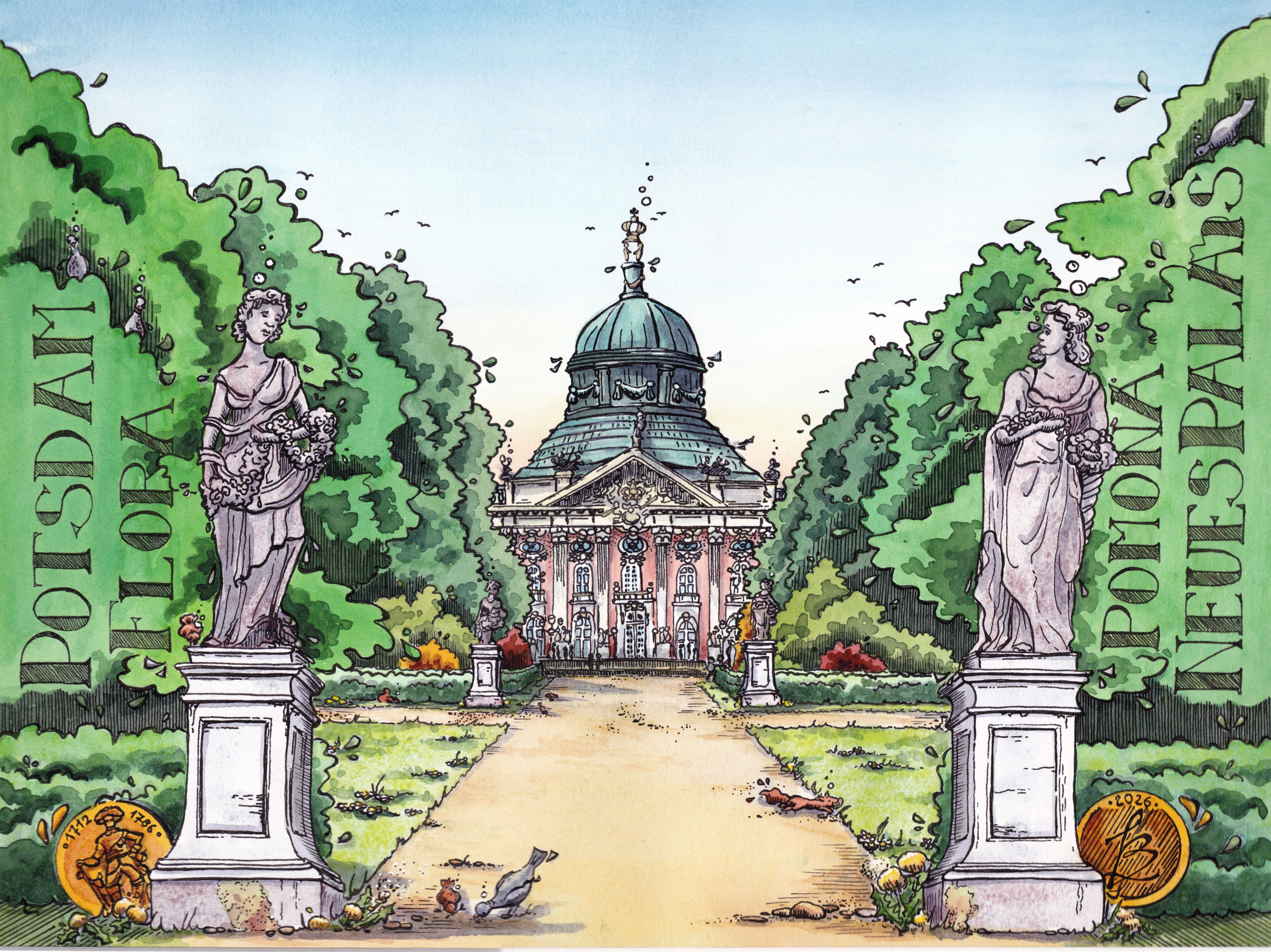Potsdam – Park Sanssouci, Neues Palais, Tinte und Aquarell von Sketchory.Berlin, 2026