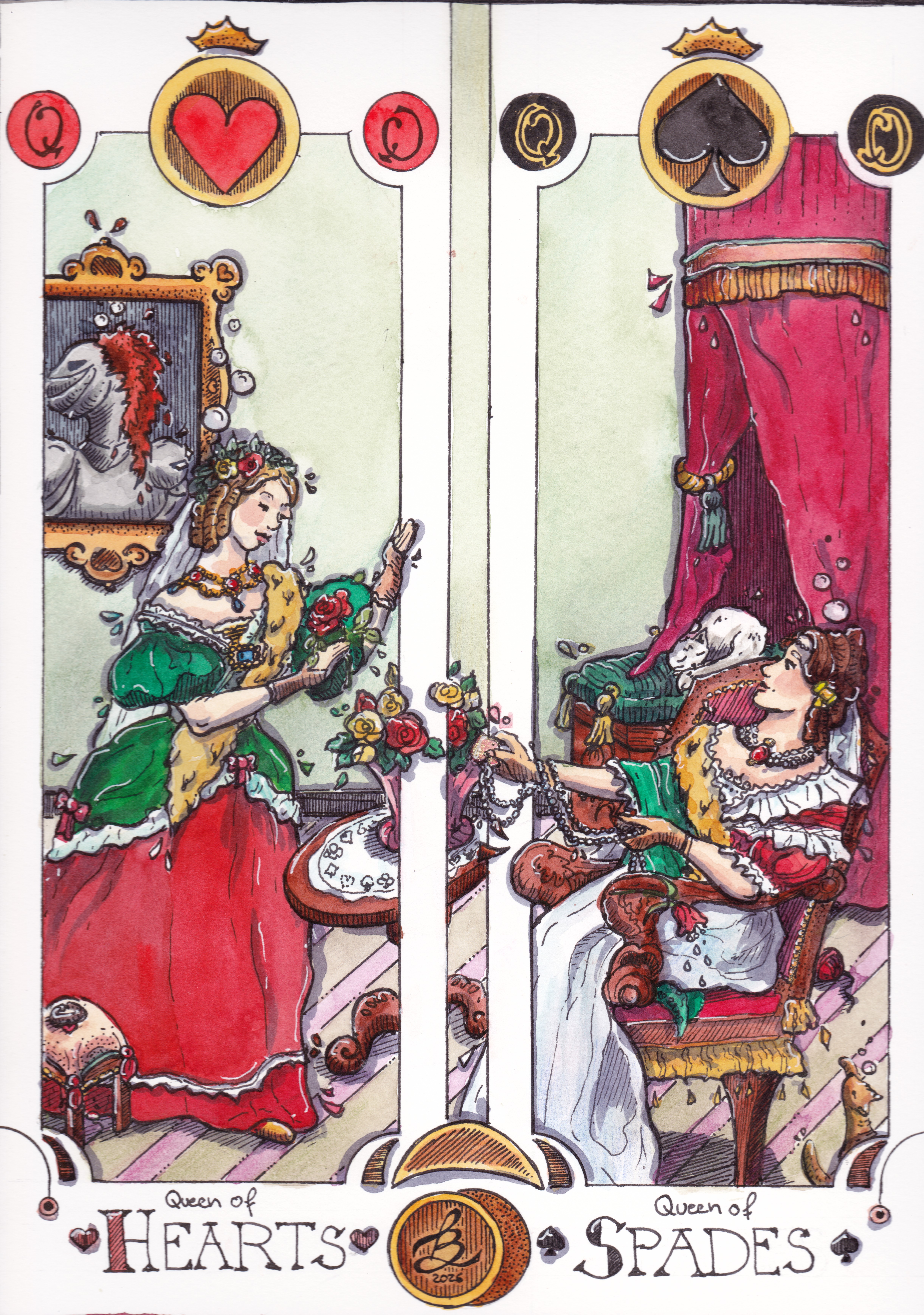 Queen of Cards · Herz & Pik, Tinte, Aquarell und Buntstift von Sketchory.Berlin, 2026