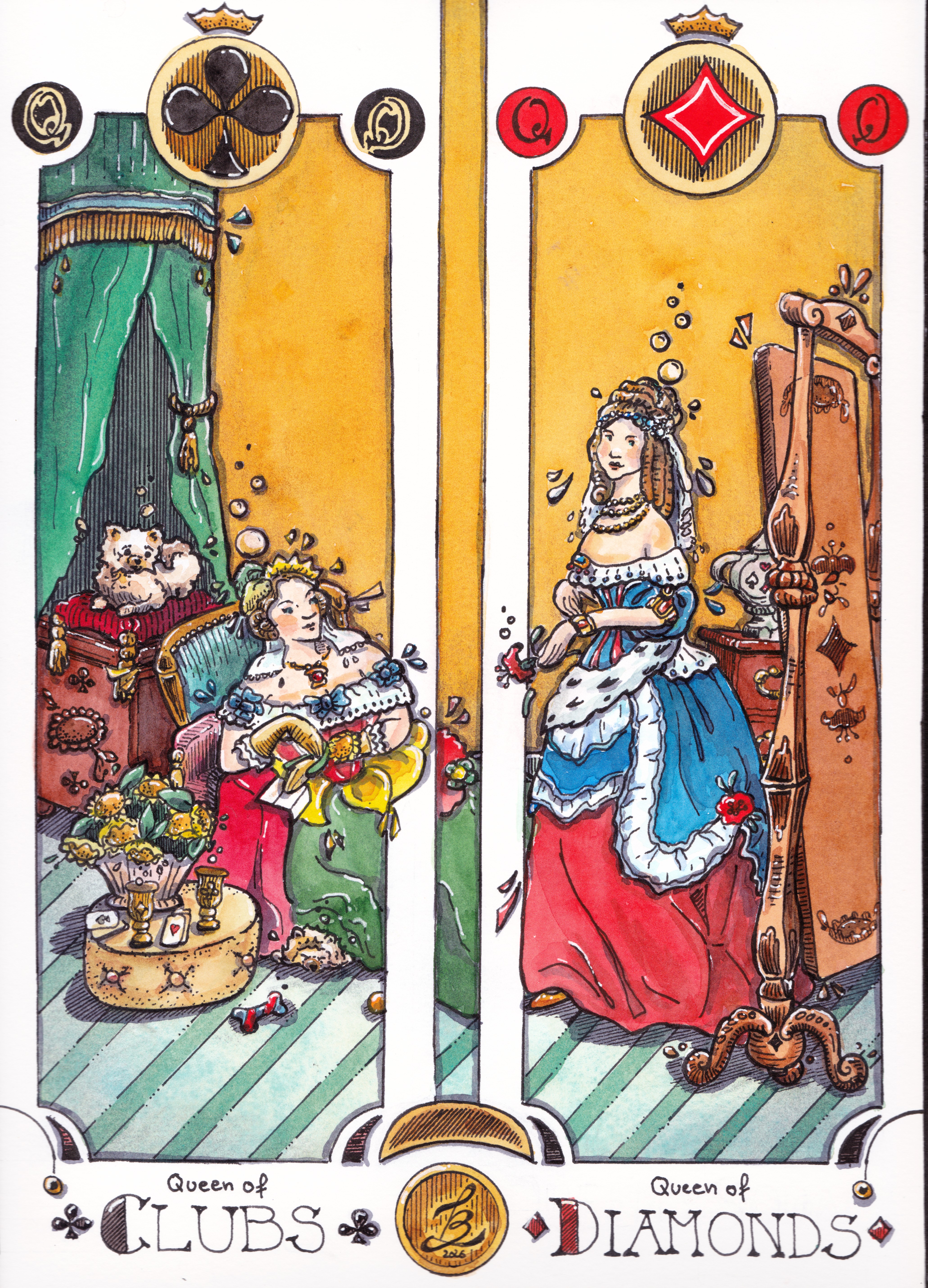Queen of Cards · Karo & Kreuz, Tinte, Aquarell und Buntstift von Sketchory.Berlin, 2026