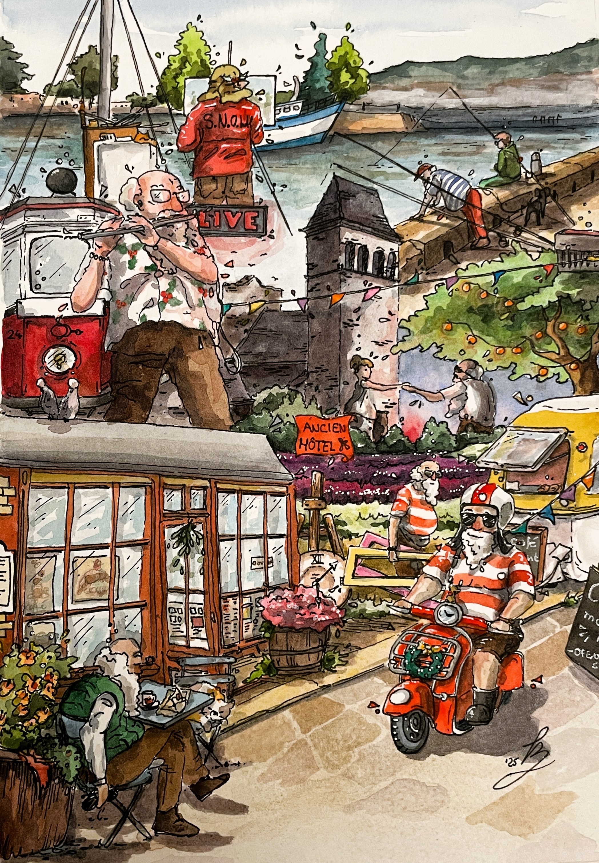 Santa in Summer – Tinte und Aquarell von Sketchory.Berlin, inspiriert vom Bilderbuch 'Was macht der Weihnachtsmann im Juli?'