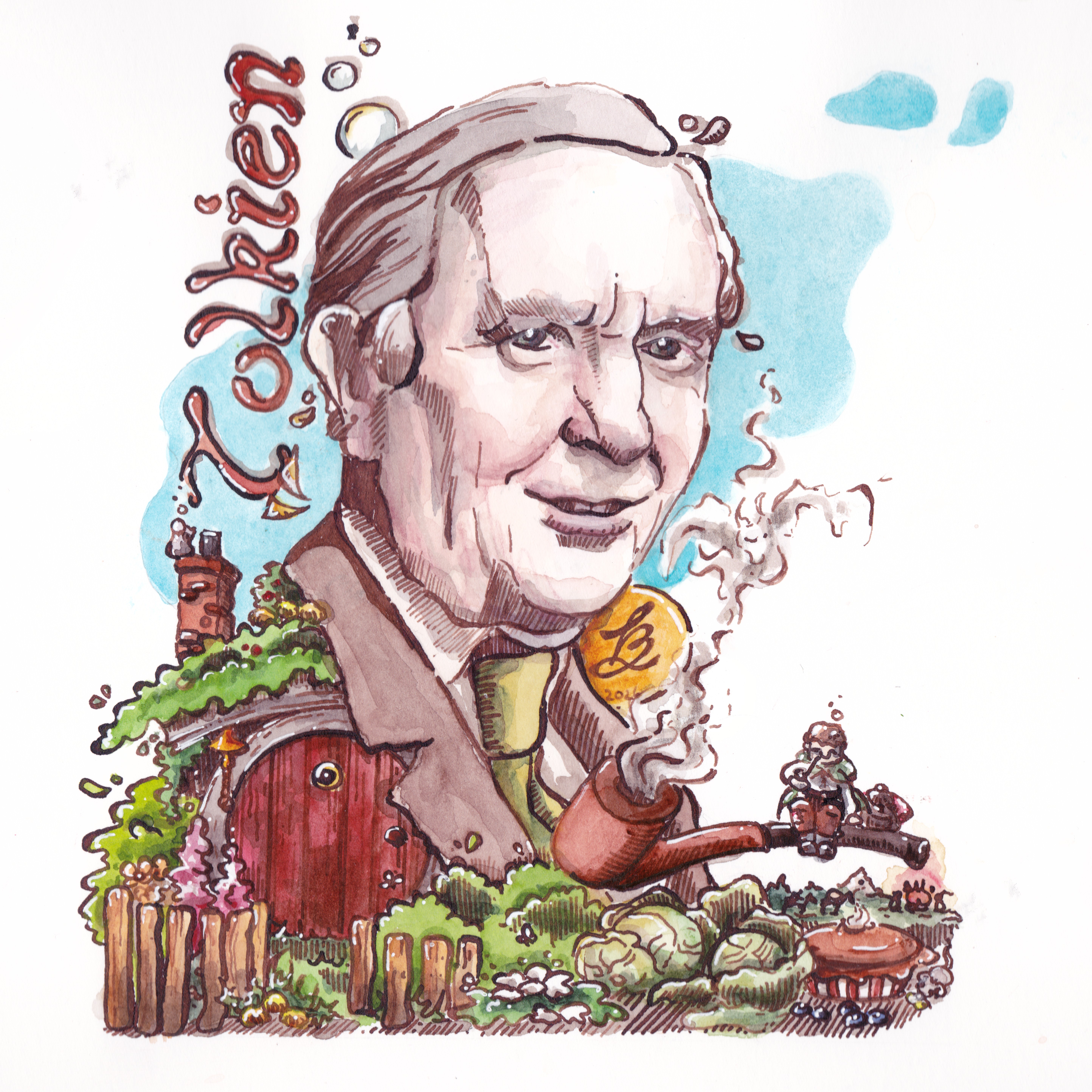J. R. R. Tolkien mit Motiven aus seiner Fantasiewelt, Tinte und Aquarell von Sketchory.Berlin, 2026